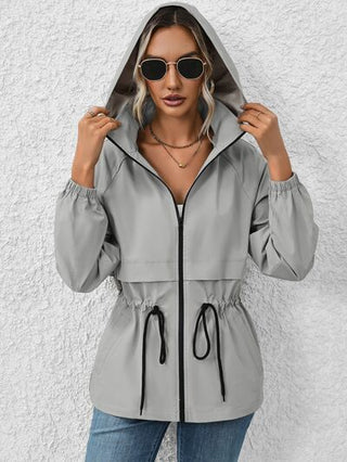 Drawstring Zip Up Hooded Jacket - A Roese Boutique