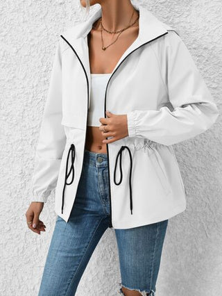 Drawstring Zip Up Hooded Jacket - A Roese Boutique