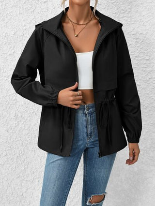 Drawstring Zip Up Hooded Jacket - A Roese Boutique