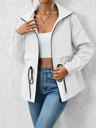 Drawstring Zip Up Hooded Jacket - A Roese Boutique