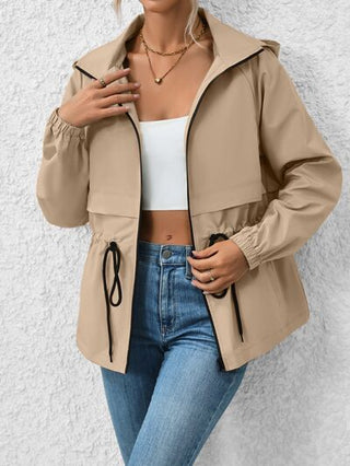 Drawstring Zip Up Hooded Jacket - A Roese Boutique