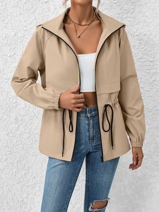 Drawstring Zip Up Hooded Jacket - A Roese Boutique