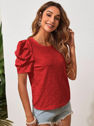 Eyelet Round Neck Puff Sleeve Blouse - A Roese Boutique