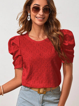 Eyelet Round Neck Puff Sleeve Blouse - A Roese Boutique