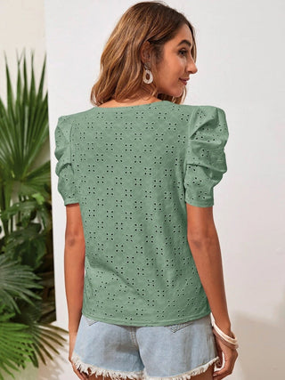 Eyelet Round Neck Puff Sleeve Blouse - A Roese Boutique