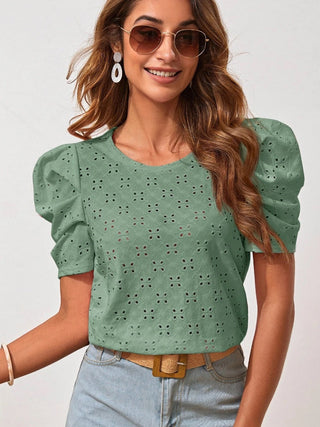 Eyelet Round Neck Puff Sleeve Blouse - A Roese Boutique