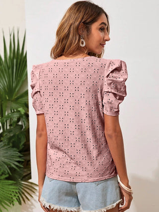 Eyelet Round Neck Puff Sleeve Blouse - A Roese Boutique