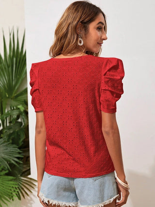 Eyelet Round Neck Puff Sleeve Blouse - A Roese Boutique