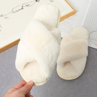 Faux Fur Crisscross Strap Slippers - A Roese Boutique