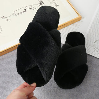 Faux Fur Crisscross Strap Slippers - A Roese Boutique