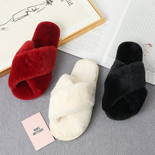 Faux Fur Crisscross Strap Slippers - A Roese Boutique