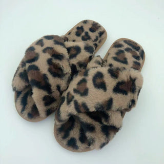 Faux Fur Crisscross Strap Slippers - A Roese Boutique