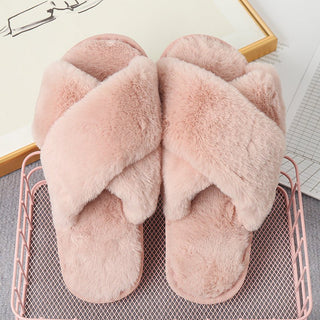 Faux Fur Crisscross Strap Slippers - A Roese Boutique