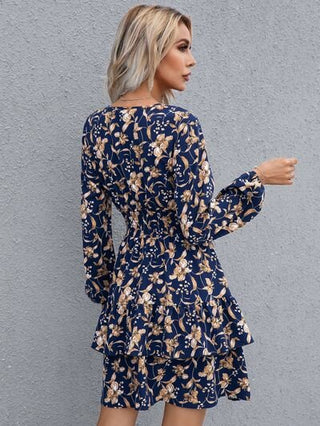 Floral Layered Surplice Balloon Sleeve Dress - A Roese Boutique