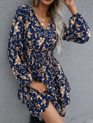 Floral Layered Surplice Balloon Sleeve Dress - A Roese Boutique