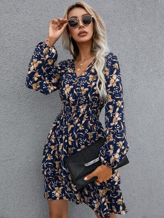 Floral Layered Surplice Balloon Sleeve Dress - A Roese Boutique