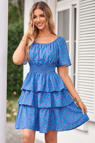 Floral Smocked Short Sleeve Layered Dress - A Roese Boutique
