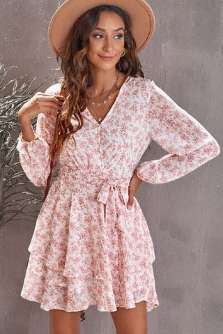 Floral Surplice Balloon Sleeve Layered Dress - A Roese Boutique