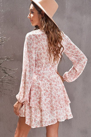 Floral Surplice Balloon Sleeve Layered Dress - A Roese Boutique