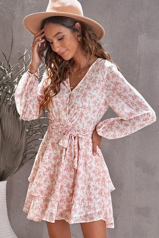 Floral Surplice Balloon Sleeve Layered Dress - A Roese Boutique