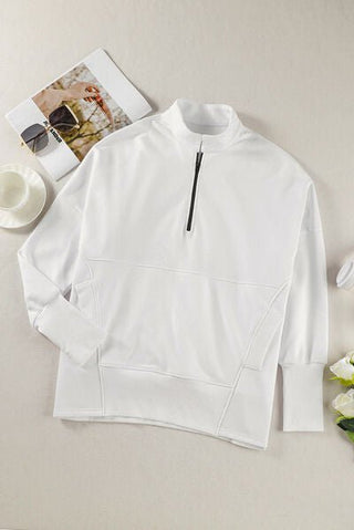 Half Zip Pocketed Dropped Shoulder Sweatshirt - A Roese Boutique