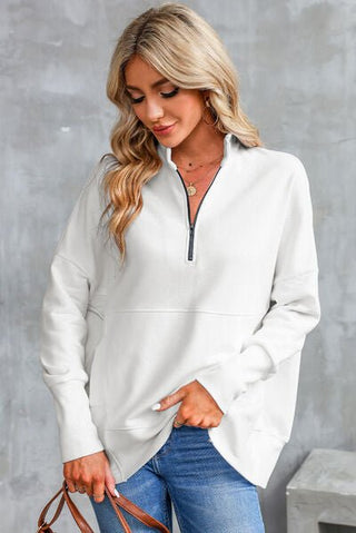 Half Zip Pocketed Dropped Shoulder Sweatshirt - A Roese Boutique