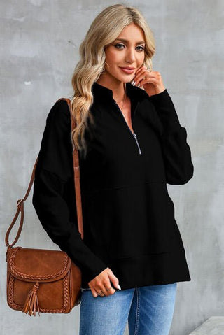 Half Zip Pocketed Dropped Shoulder Sweatshirt - A Roese Boutique