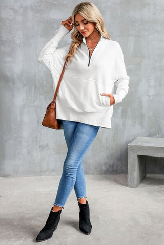 Half Zip Pocketed Dropped Shoulder Sweatshirt - A Roese Boutique