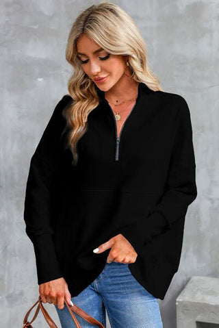 Half Zip Pocketed Dropped Shoulder Sweatshirt - A Roese Boutique