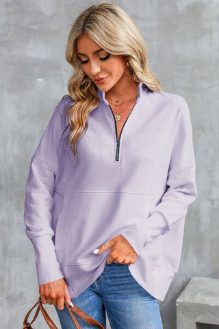 Half Zip Pocketed Dropped Shoulder Sweatshirt - A Roese Boutique