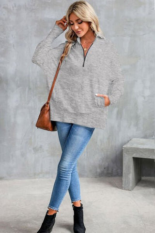 Half Zip Pocketed Dropped Shoulder Sweatshirt - A Roese Boutique