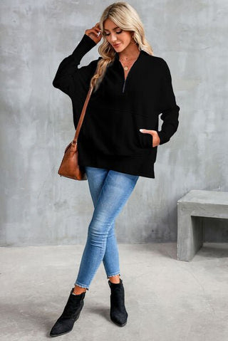 Half Zip Pocketed Dropped Shoulder Sweatshirt - A Roese Boutique