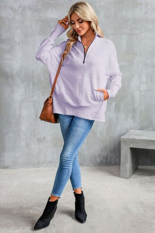 Half Zip Pocketed Dropped Shoulder Sweatshirt - A Roese Boutique