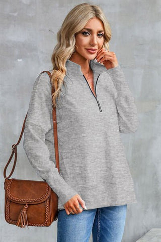 Half Zip Pocketed Dropped Shoulder Sweatshirt - A Roese Boutique