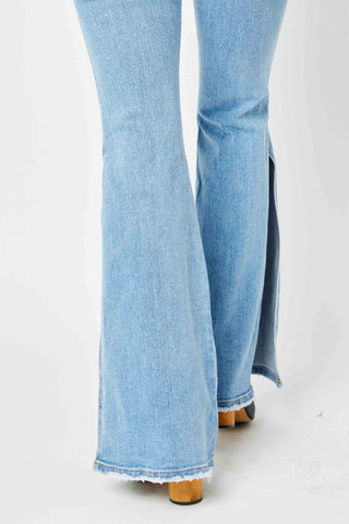 Judy Blue Full Size Mid Rise Raw Hem Slit Flare Jeans - A Roese Boutique