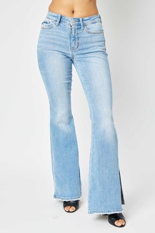 Judy Blue Full Size Mid Rise Raw Hem Slit Flare Jeans - A Roese Boutique