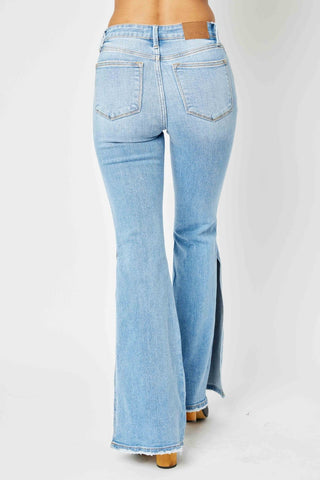 Judy Blue Full Size Mid Rise Raw Hem Slit Flare Jeans - A Roese Boutique