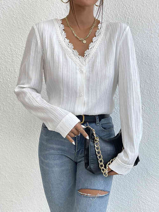 Lace Trim V-Neck Long Sleeve Shirt - A Roese Boutique