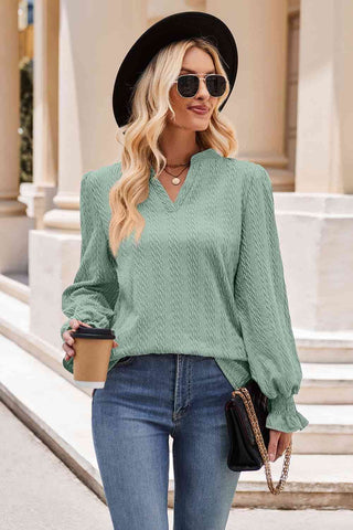 Notched Neck Flounce Sleeve Blouse - A Roese Boutique