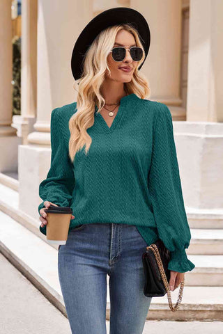 Notched Neck Flounce Sleeve Blouse - A Roese Boutique