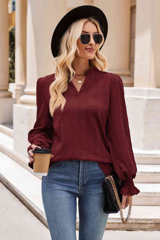 Notched Neck Flounce Sleeve Blouse - A Roese Boutique