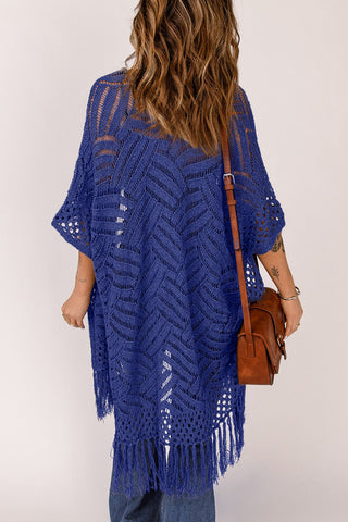 Openwork Open Front Cardigan with Fringes - A Roese Boutique