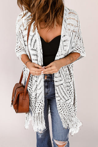 Openwork Open Front Cardigan with Fringes - A Roese Boutique