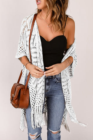 Openwork Open Front Cardigan with Fringes - A Roese Boutique