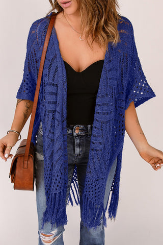 Openwork Open Front Cardigan with Fringes - A Roese Boutique