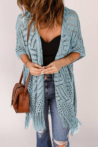 Openwork Open Front Cardigan with Fringes - A Roese Boutique