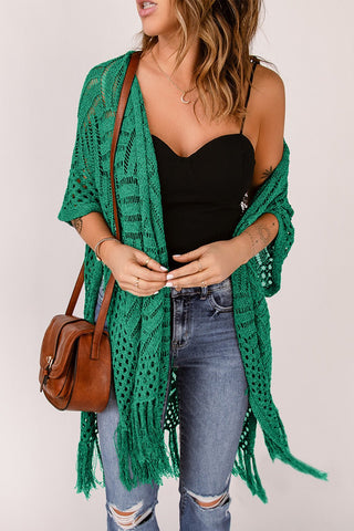 Openwork Open Front Cardigan with Fringes - A Roese Boutique