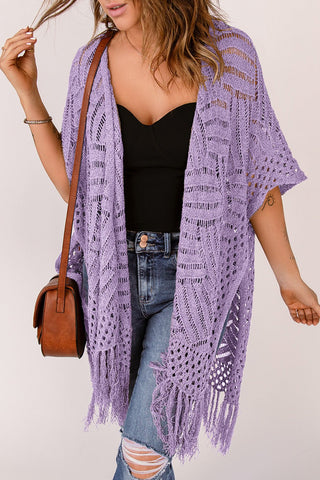 Openwork Open Front Cardigan with Fringes - A Roese Boutique