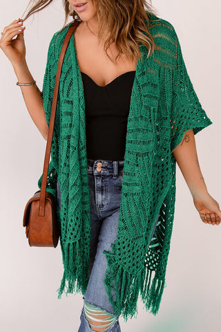 Openwork Open Front Cardigan with Fringes - A Roese Boutique