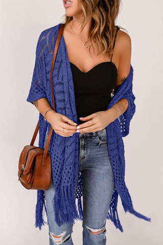 Openwork Open Front Cardigan with Fringes - A Roese Boutique